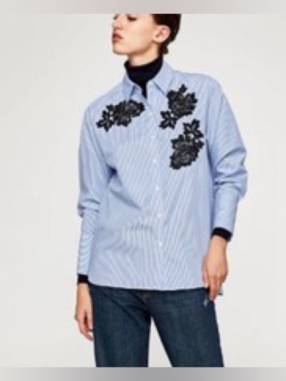 Zara Embroidered Blue Stripe Button-Down Shirt Oversized, Size XS